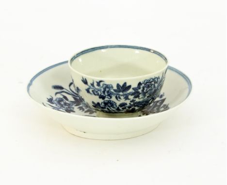 A first period Worcester blue and white tea bowl and saucer, crooked fence pattern Condition Report: Both cup and saucer are 
