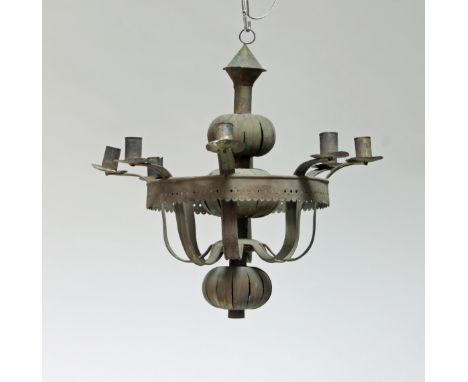 A painted brass eight-light chandelier on double globe central core, 48cm diameter