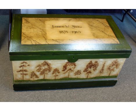 A Victorian pine tool box with sliding compartments, trays etc., fitted numerous tools, now painted with inscription and date