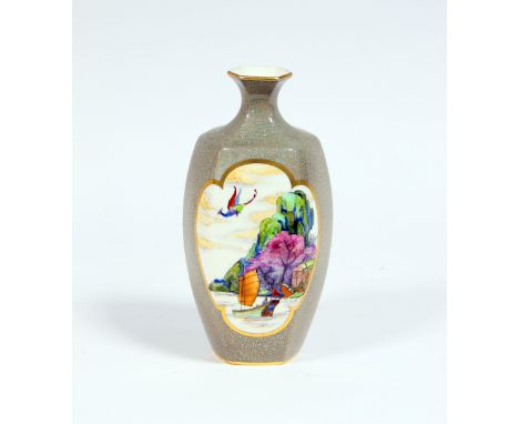 A Royal Worcester hexagonal baluster vase painted Chinese scenes on a mottled ground, circa 1900, 17.5cm high	
