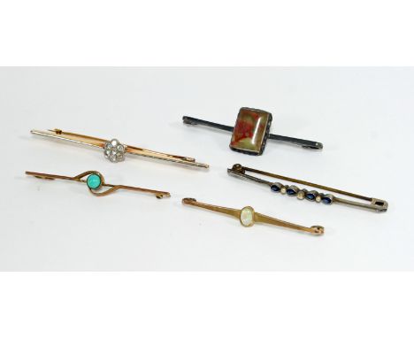 A collection of five bar brooches, including a diamond cluster bar brooch; an opal bar brooch; a turquoise bar brooch; an aga