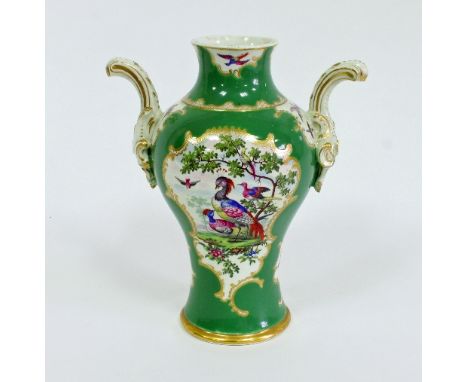 A Worcester green-ground two-handled vase, circa 1770, of baluster form with upright scroll handles, painted to each side wit