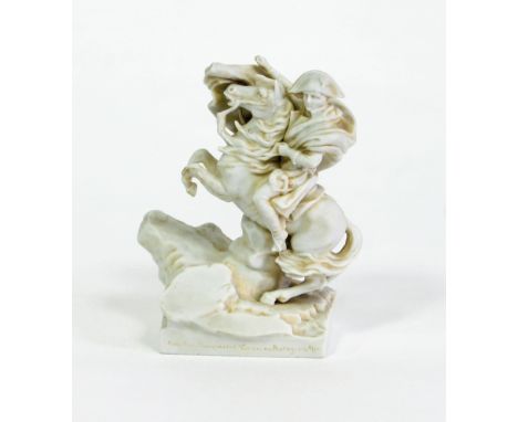 A German bisque figure of Napoleon crossing the Alps, lavender mark beneath, 13cm high
