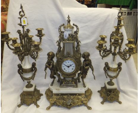 A 20th Century brass and marble cased clock garniture in the Louis XV style, the movement by EHS of Germany No'd. "130-070", 
