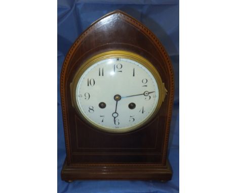 A late 19th Century mahogany and inlaid cased mantel clock of lancet form, the eight day movement by Vincenti & Cie with whit