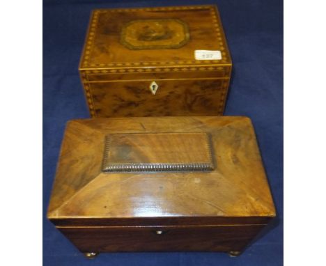 A 19th Century burr yew and parquetry banded jewellery casket with figural engraving decorated top and a Victorian mahogany s