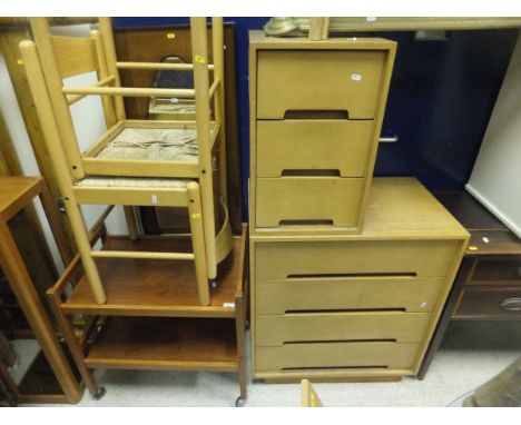 Two beech framed side chairs, together with a light oak chest of four drawers, bedside chest of three drawers, teak two tier 