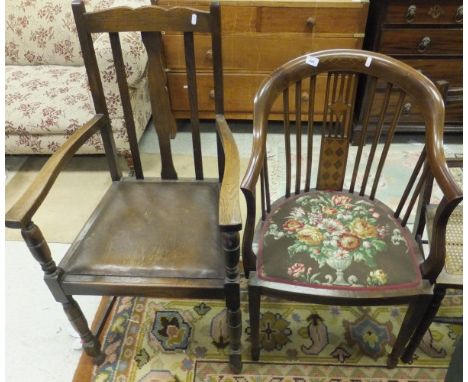 An Edwardian mahogany comb back carver chair in the Regency taste with floral needlework seat, together with a mahogany frame