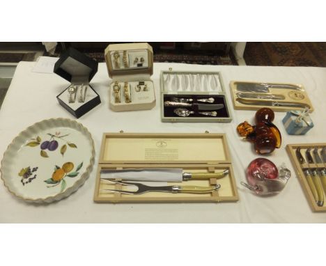 A Tiffany & Co. china trinket dish, various cutlery and two cased watches, etc
