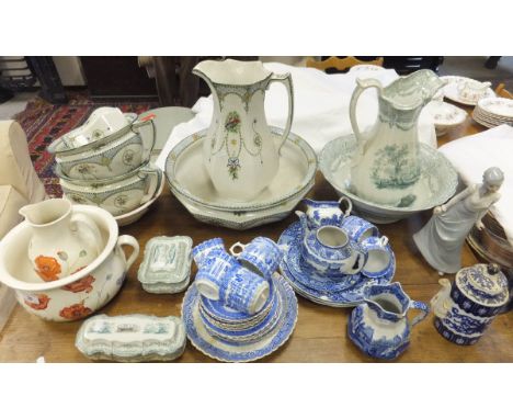 A Spode Imp toilet jug, bowl and chamber pot decorated with poppies, a Royal Corona ware "Stella" pattern toilet jug, bowl, t