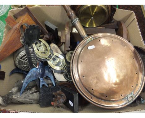 A box of sundry metal and treen wares to include warming pan, table bell, wall mask of Queen Victoria, barometer, dominoes, h