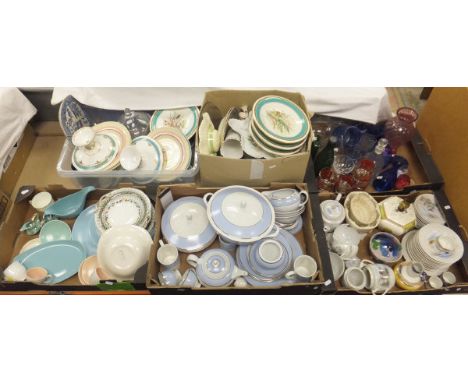 Five boxes of assorted china ware to include Susie Cooper plates, Poole pottery Victorian dessert set, Royal Doulton dinner w