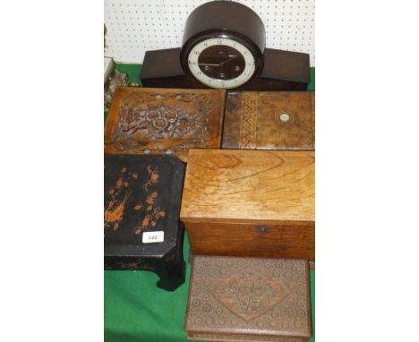 A Victorian oak desk top stationery box, a late 19th Century Chinese black lacquered lidded box, a Middle Eastern carved teak