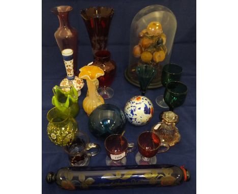 Assorted coloured glassware to include a Bristol blue glass rolling pin / salt container with decoration and inscription "For