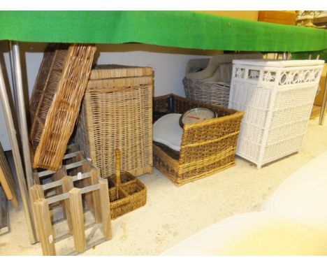 A collection of items to include a wine rack, wicker dog bed, wicker baskets, scales, child gate, etc