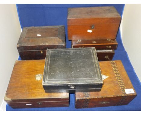 A Victorian mahogany writing slope, a Victorian mahogany jewellery box, rosewood and mother of pearl inlaid jewellery box, ma