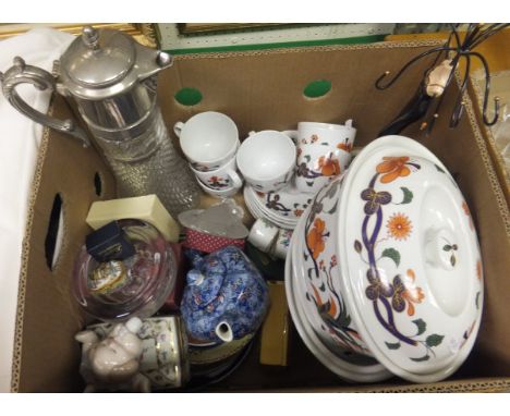 A box of assorted china and glassware to include Royal Worcester "Grainger Imari" teacups and saucers and tureens, various de