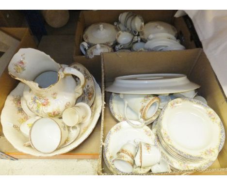 Two boxes of Noritake dinner and coffee wares, together with a circa 1900 transfer decorated wash jug and bowl set