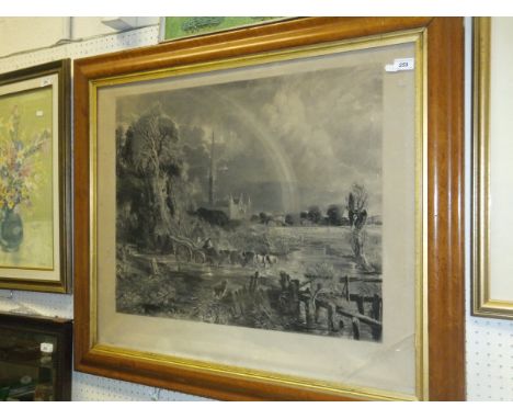 AFTER JOHN CONSTABLE "The Rainbow, Salisbury", black and white engraving by David Lucas, in maple frame and LICIDIO LOPEZ "Th
