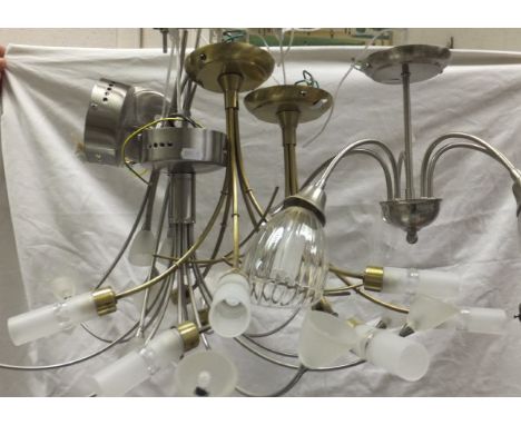 A pair of modern brass effect ceiling lights, a single five light ceiling light and a ten light ceiling light with pair of ma