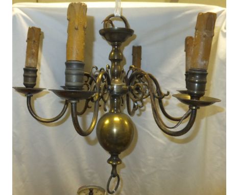 A small Dutch style five branch brass electrolier, two small mirrored girandoles, a modern Chinese brass baluster shaped tabl