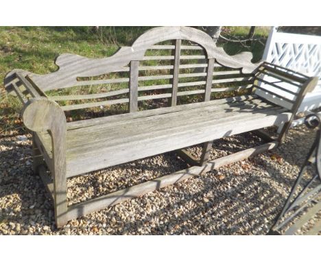 A modern teak Lutyens style garden bench  CONDITION REPORTS Weathered. Quite a lot of splits and cracks, and various chips an