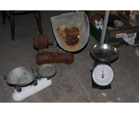 A group of three various scales, to include potato scales, avery balance scales, and a 1950;s style kitchen scales.    CONDIT