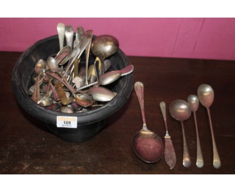 A selection of silver-plated flatware, mainly spoons.  CONDITION REPORT: Tarnishing wear, scratching etc 