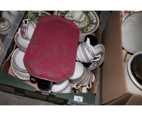 Four boxes of miscellaneous china and tea wares. To include carnival glass bowl, Carlton ware canted rectangular sandwich tra