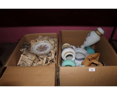 A quantity of miscellaneous china and glassware, to include art deco flower basket and vases, painted opaque glass vases, and
