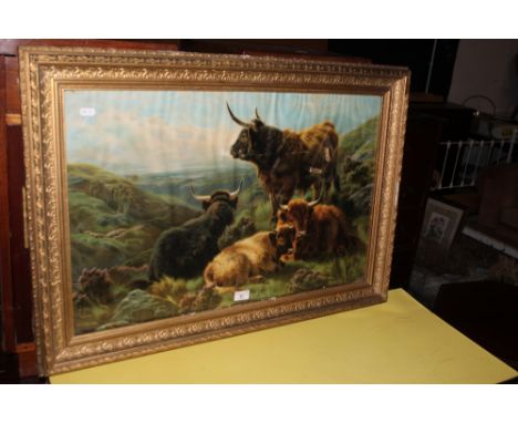 A late Victorian coloured lithograph, after W Watson. Depicting highland cattle, within a moulded gilt frame and glazed. 45 c