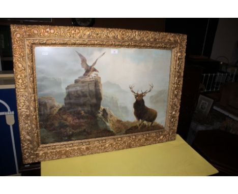 A Victorian coloured lithograph, of a Eagle &amp; Stag on a rocky out crop. Within a moulded gilt frame and glazed. 50 cm x 7
