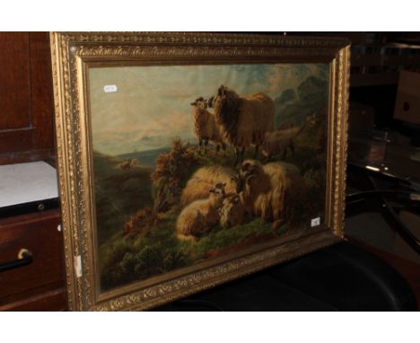A Victorian coloured lithograph of sheep, within a moulded gilt frame, glazed. 44 cm x 69.5 cm. CONDITION REPORT: Some discol