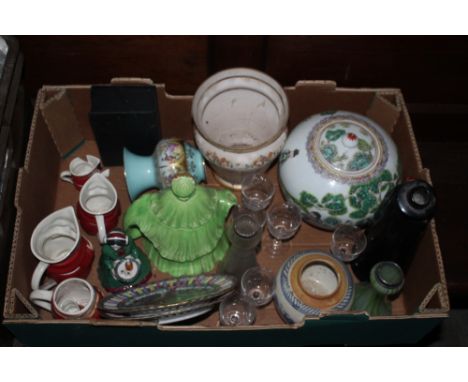 A box of miscellaneous china, to include a reproduction Chinese lidded jar, the base of a 19th century ginger jar, a Royal Do