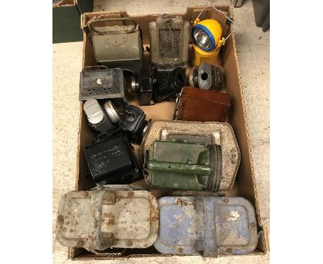 Two boxes of assorted car, railway and other lamps to include a May &amp; Co. lamp on pivot, two Ever Ready lamps, thermos fl