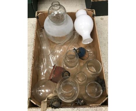 A box containing various oil lamp shades and a box containing an oil lamp and various glass and stoneware bottles, mainly of 