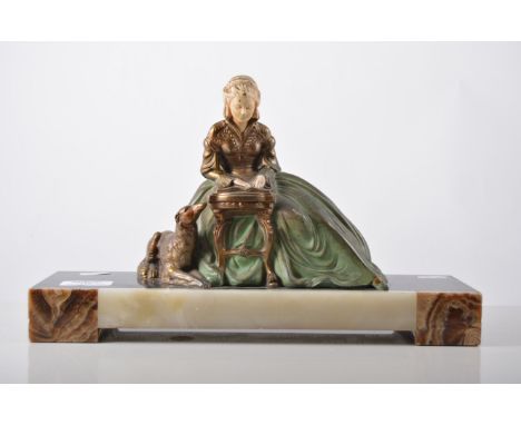 Art Deco cold painted bronzed figure, after R Miandres, Lady Reading, marble plinth, width 33cm.