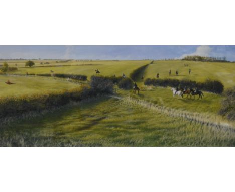 Limited edition colour print, Hunting Landscape, indistinctly signed, limited edition No. 101/250, 31cm x 70cm.