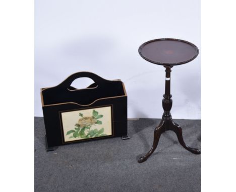 Edwardian wine table, circular top with central inlaid motif, raised on tripod support; together with a modern ebonised magaz