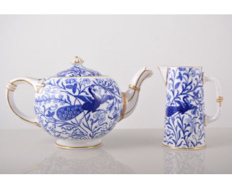 Royal Crown Derby part tea service, Asian Pheasant design, blue and white transfer decorated, gilt highlights, circa 1880, (9