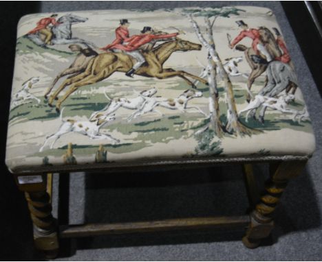 Oak stool, rectangular top upholstered with Hunting pattern printed cotton, barley twist legs, joined by stretchers, top 50cm