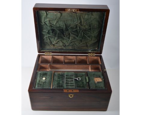 Rosewood travelling jewel/writing box, velvet lined with a secret drawer, 30cm x 22cm, and a walnut Tunbridgeware twin sectio