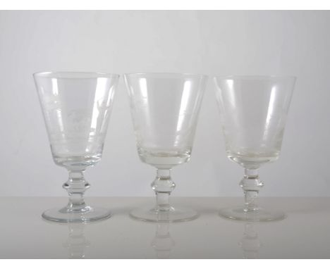 Set of twelve glasses, wheel engraved with hunting scenes, knopped stem, circular foot, engraved 'E' to the underside, height