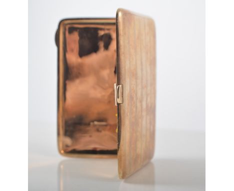 Yellow metal cigarette case, engine turned design in vertical lines and having a plain initial plate, 10cm x 7cm, 78.5gms.