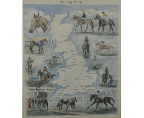 After Rosemary H. Coates, Racing Map of England, limited edition colour print, signed and No. 548/900, watercolour racing col