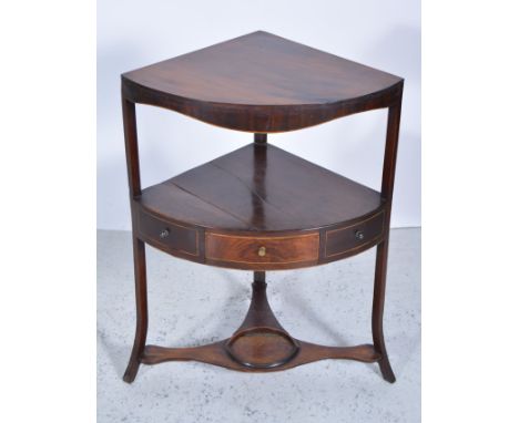 Victorian mahogany corner washstand, middle shelf with central drawers, flanked by dummy drawers, splayed legs, width 64cm, h