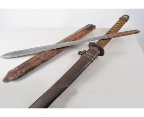 Masai type sword in a leather covered wooden scabbard, 56cm, together with a Japanese sword with a bound fish scale handle, p