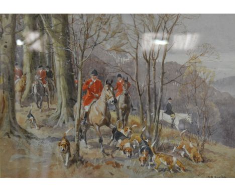 R H Buxton, "The Scent", hunting scene in woodland, watercolour, 24cm x 34cm, signed on picture and margin, Gallery label, "T