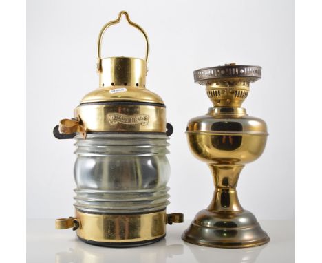 Pair of modern reproduction ships lights, oil lamp, brass and plated trays.