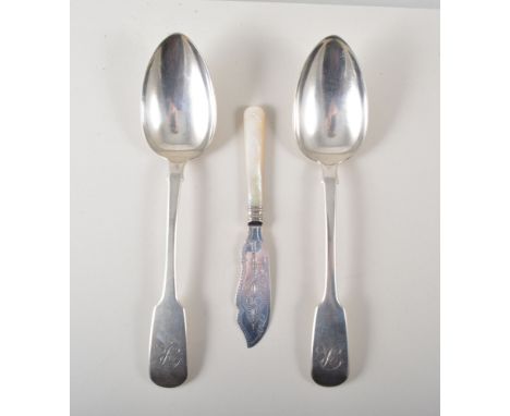 Three Victorian silver tablespoons, Fiddle pattern handles with engraved initial R P L, Sheffield 1841, three Georgian silver